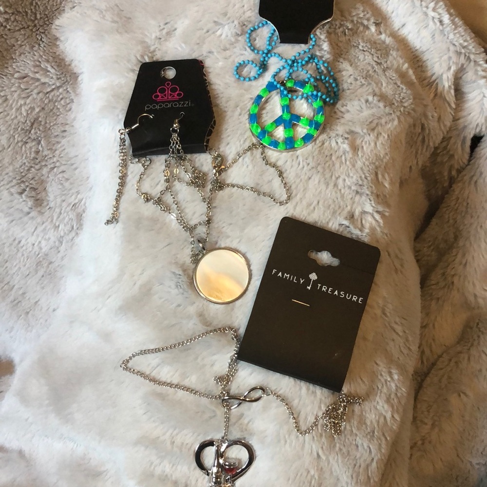 3 necklaces one pair of earrings